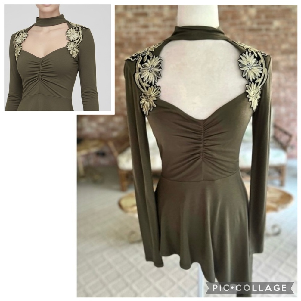Venus Top Asymmetrical Olive Green Floral Appliquรฉ Knit XS Low V-Neck Glam Party